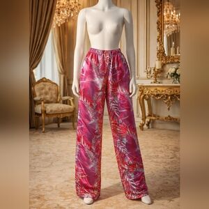 Wide Leg Satin Pants in Fuchsia Leaf Print